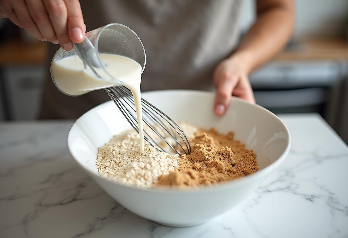 Mixing oats and protein powder for Dragon Ball Cell's Perfect Protein Pancakes, healthy breakfast option.