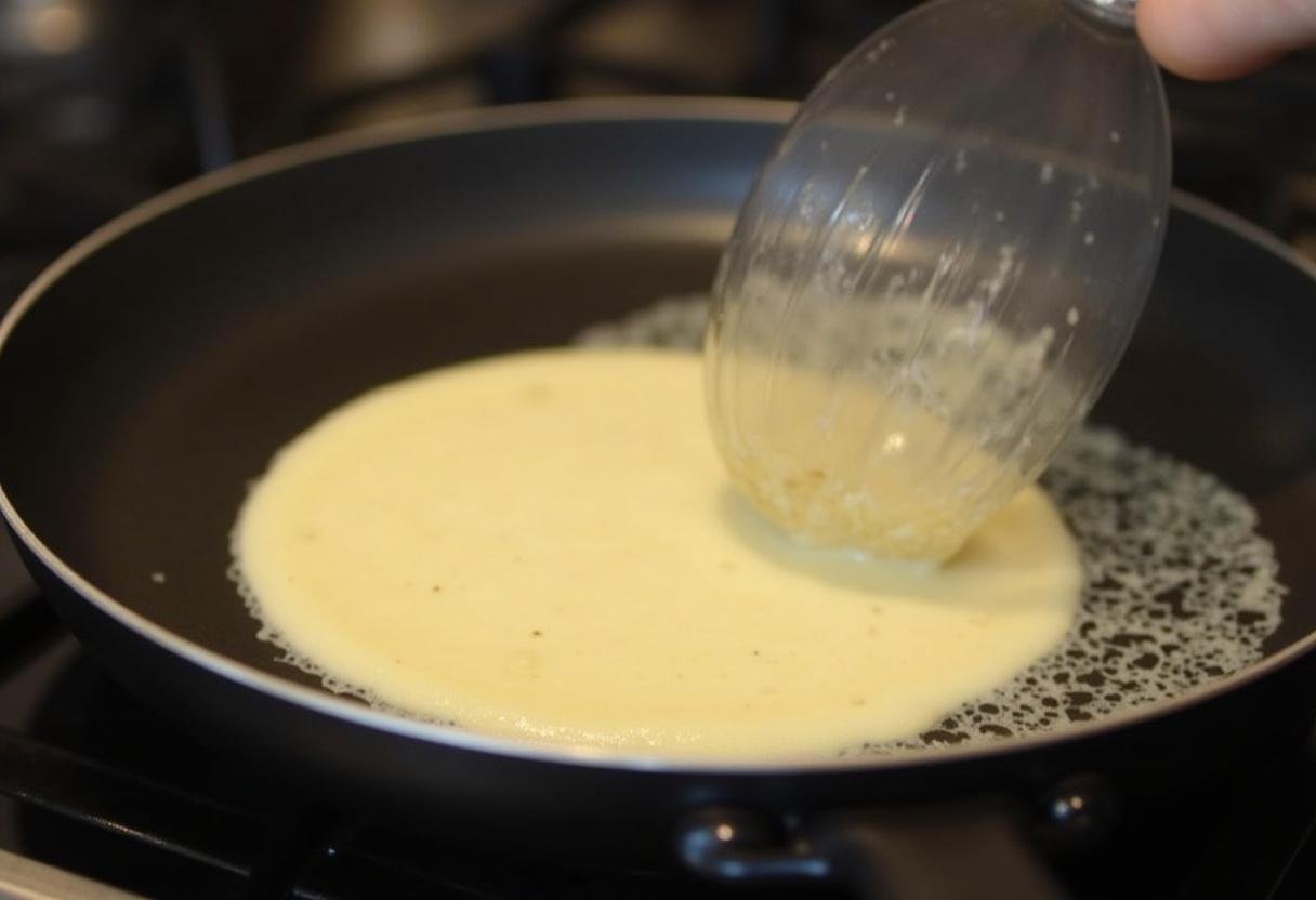 Pouring pancake batter into a frying pan to cook Dragon Ball Cell's Perfect Protein Pancakes, quick and easy recipe.