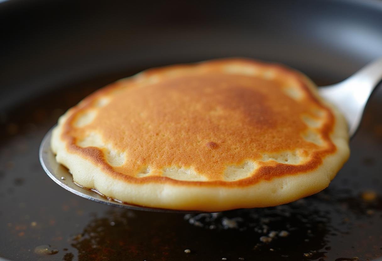 Flipping a pancake in the pan for Dragon Ball Cell's Perfect Protein Pancakes, breakfast made simple and delicious.