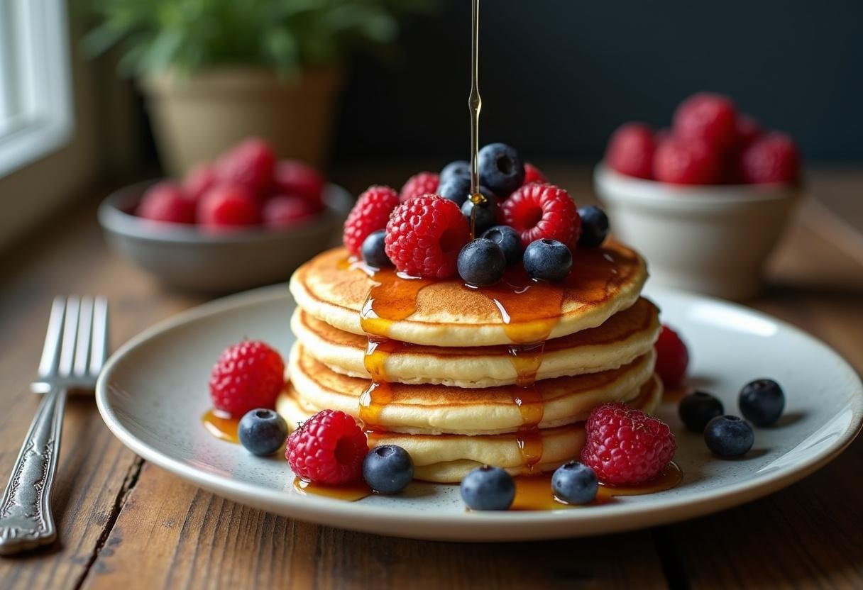 Drizzling syrup on a stack of delicious Dragon Ball Cell's Perfect Protein Pancakes, a nutritious and tasty start to your day.