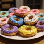 Stunning presentation of Dragon Ball Frieza's Galactic Glaze Donuts, showcasing colorful glazes and sprinkles on a platter.