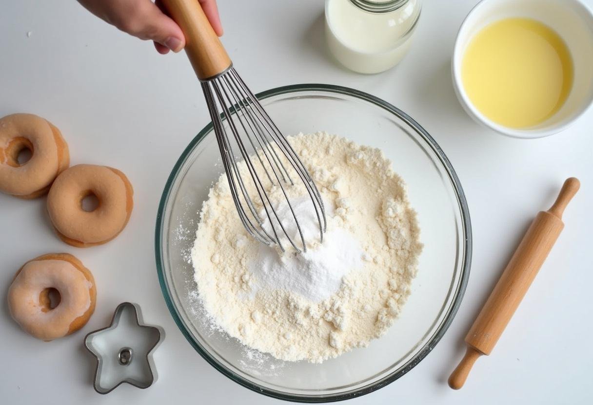 Preparing the batter for Dragon Ball Frieza's Galactic Glaze Donuts with flour, sugar, and milk ingredients on a countertop.