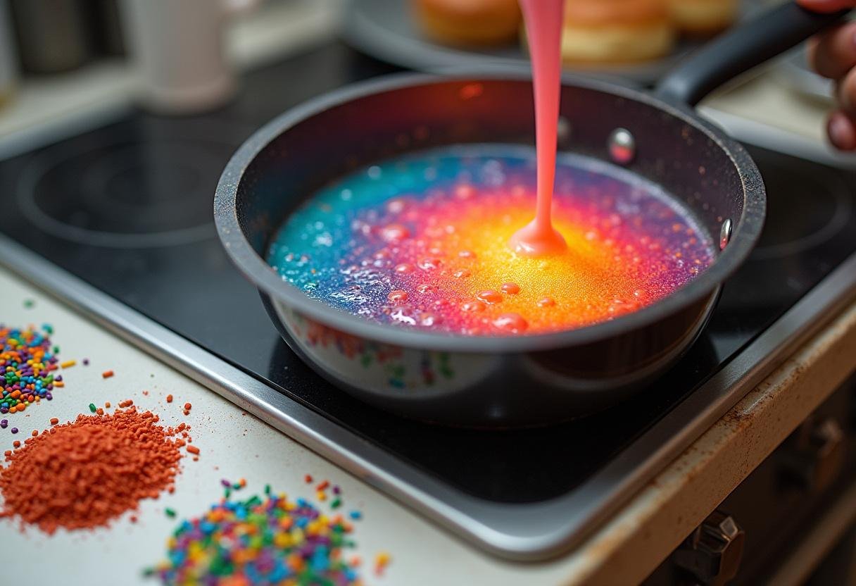Melting glaze for Dragon Ball Frieza's Galactic Glaze Donuts, displayed with vibrant colors and rainbow sprinkles.