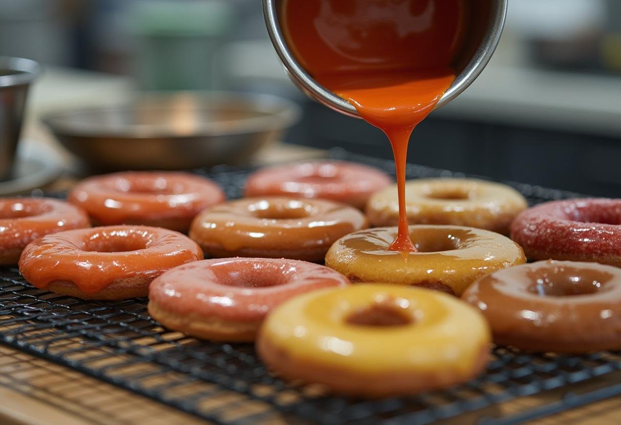 Dipping freshly fried donuts into the colorful glaze for Dragon Ball Frieza's Galactic Glaze Donuts, creating a beautiful appearance.