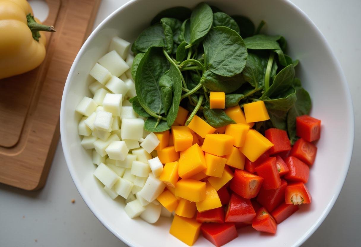 Fresh colorful vegetables for Dragon Ball Goku's Saiyan Scramble, including bell peppers and spinach preparation.