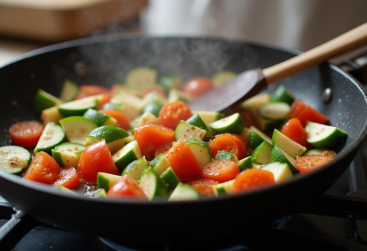 Cooking chopped vegetables in a pan for Dragon Ball Goku's Saiyan Scramble, showcasing the sautéing process.