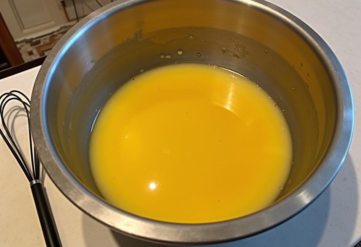 Beaten eggs prepared for Dragon Ball Goku's Saiyan Scramble, showcasing the mixture ready to be combined with vegetables.