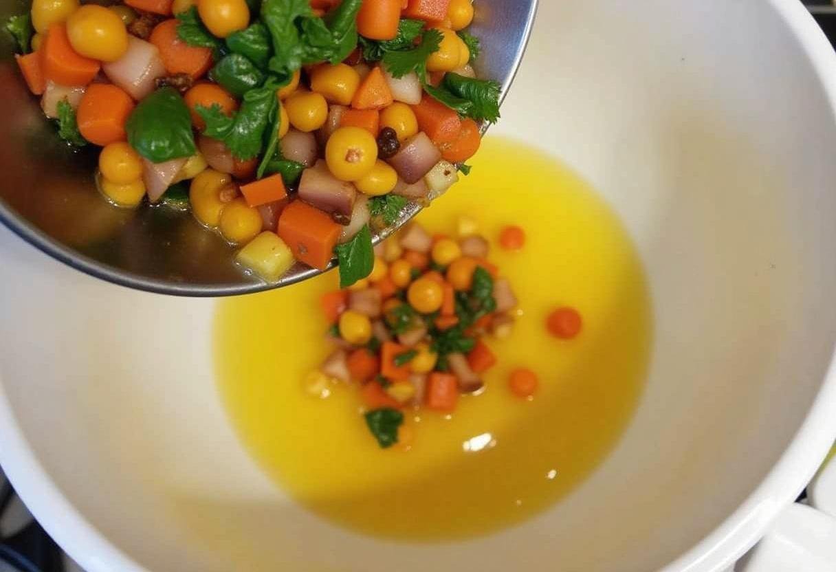 Combining sautéed vegetables with eggs for Dragon Ball Goku's Saiyan Scramble, showing the mixing process.
