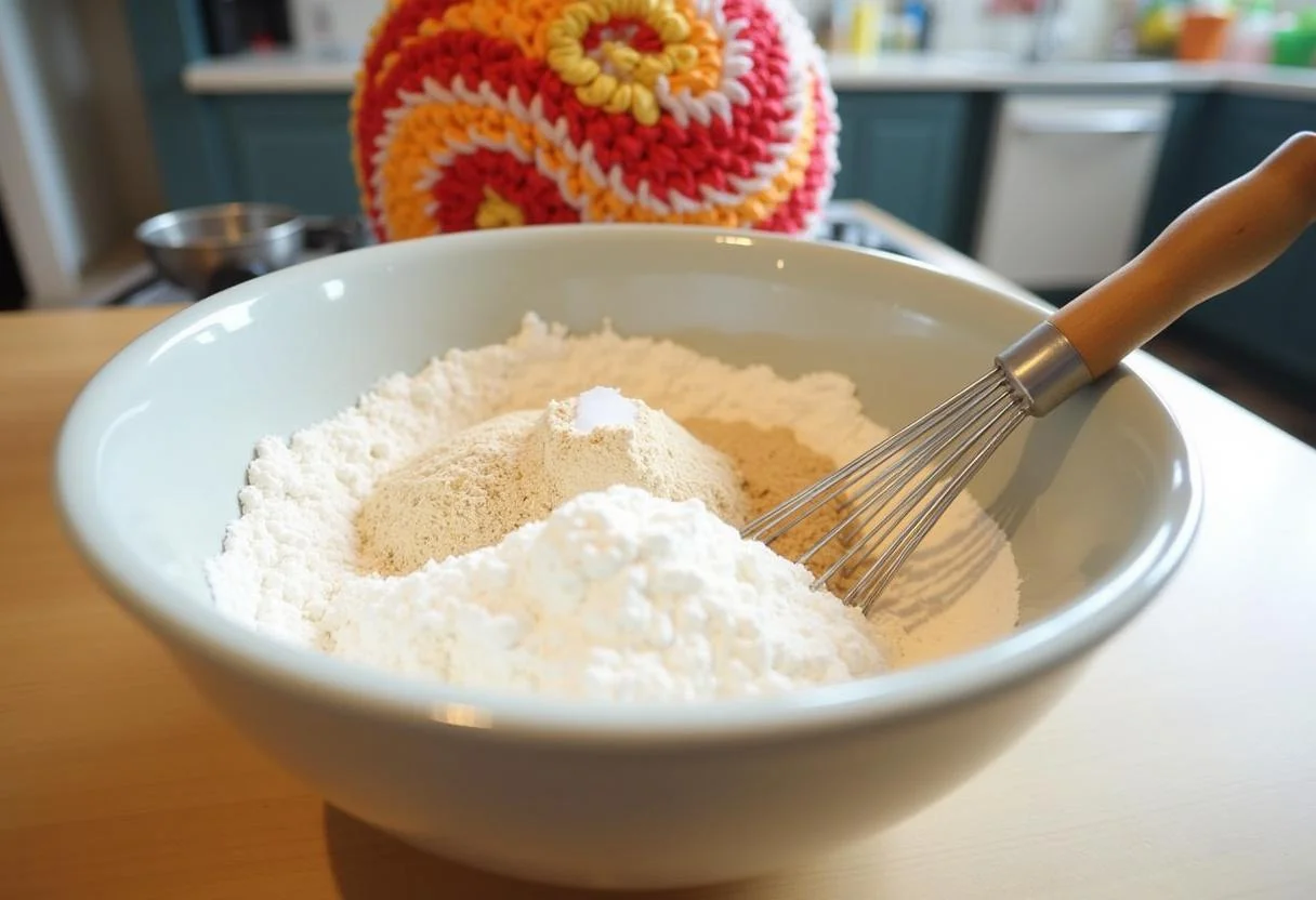 Prepare the dry ingredients for Dragon Ball Gotenks' Fusion Food Funnel Cake, including flour, sugar, and baking powder.