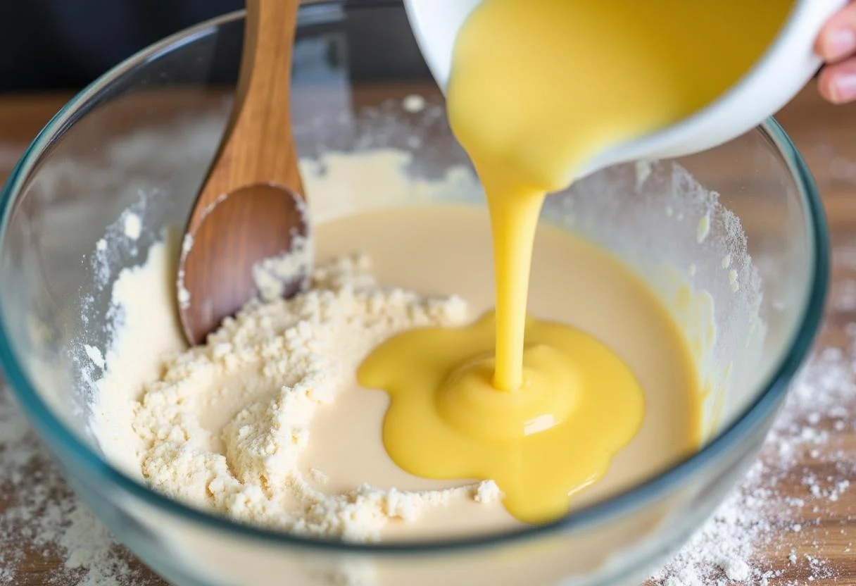 Combine milk and eggs into the funnel cake batter for Dragon Ball Gotenks' Fusion Food Funnel Cake, creating a smooth consistency.