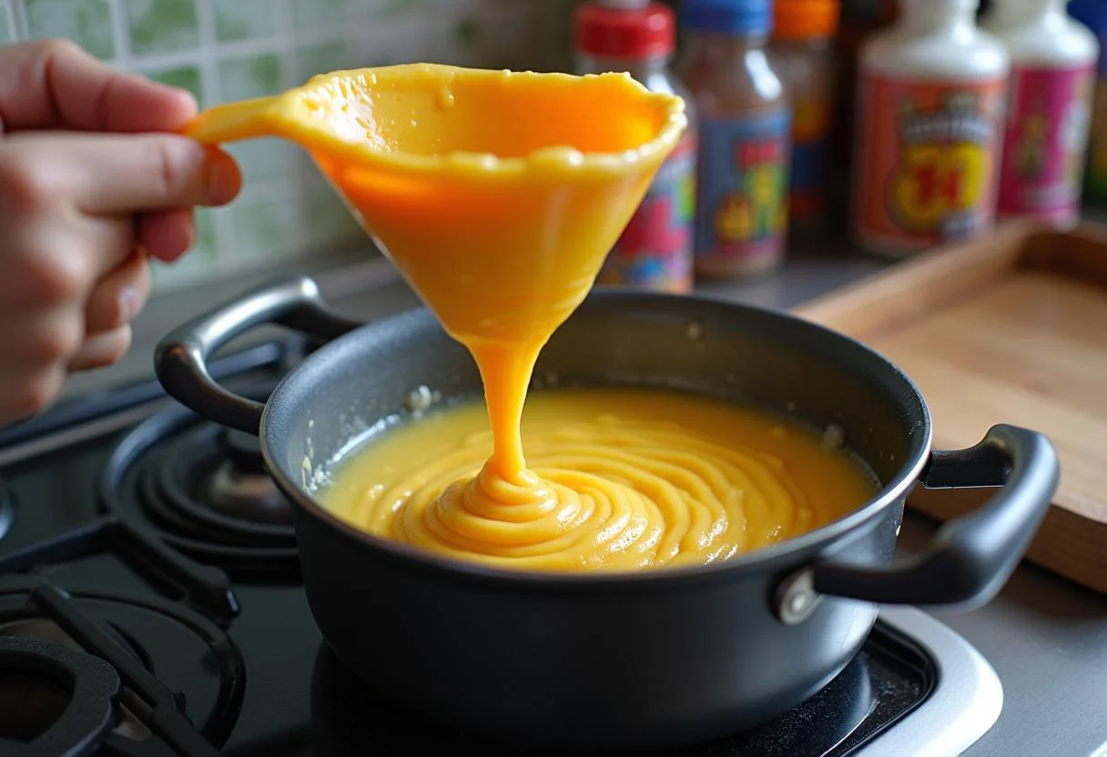Frying the funnel cake batter in hot oil for Dragon Ball Gotenks' Fusion Food Funnel Cake, capturing the exciting frying process.