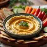 A delicious presentation of Dragon Ball Hercule's Heroic Hummus with pita and veggies, perfect for sharing.