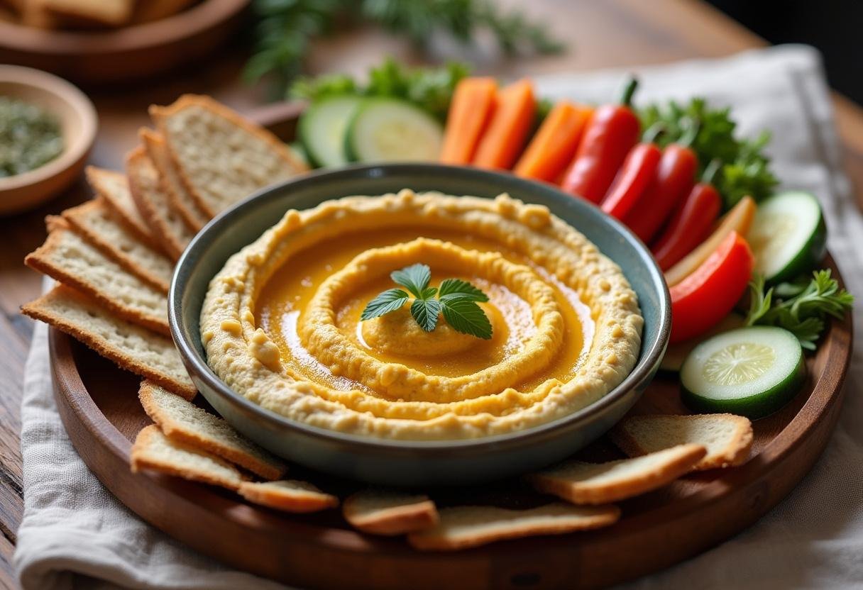 A delicious presentation of Dragon Ball Hercule's Heroic Hummus with pita and veggies, perfect for sharing.