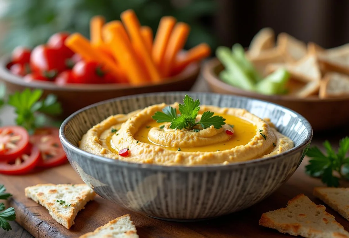 A delicious presentation of Dragon Ball Hercule's Heroic Hummus with pita and veggies, perfect for sharing.