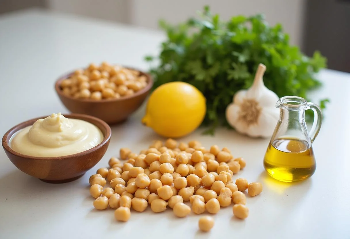 Fresh ingredients for Dragon Ball Hercule's Heroic Hummus including chickpeas and tahini on a kitchen countertop.