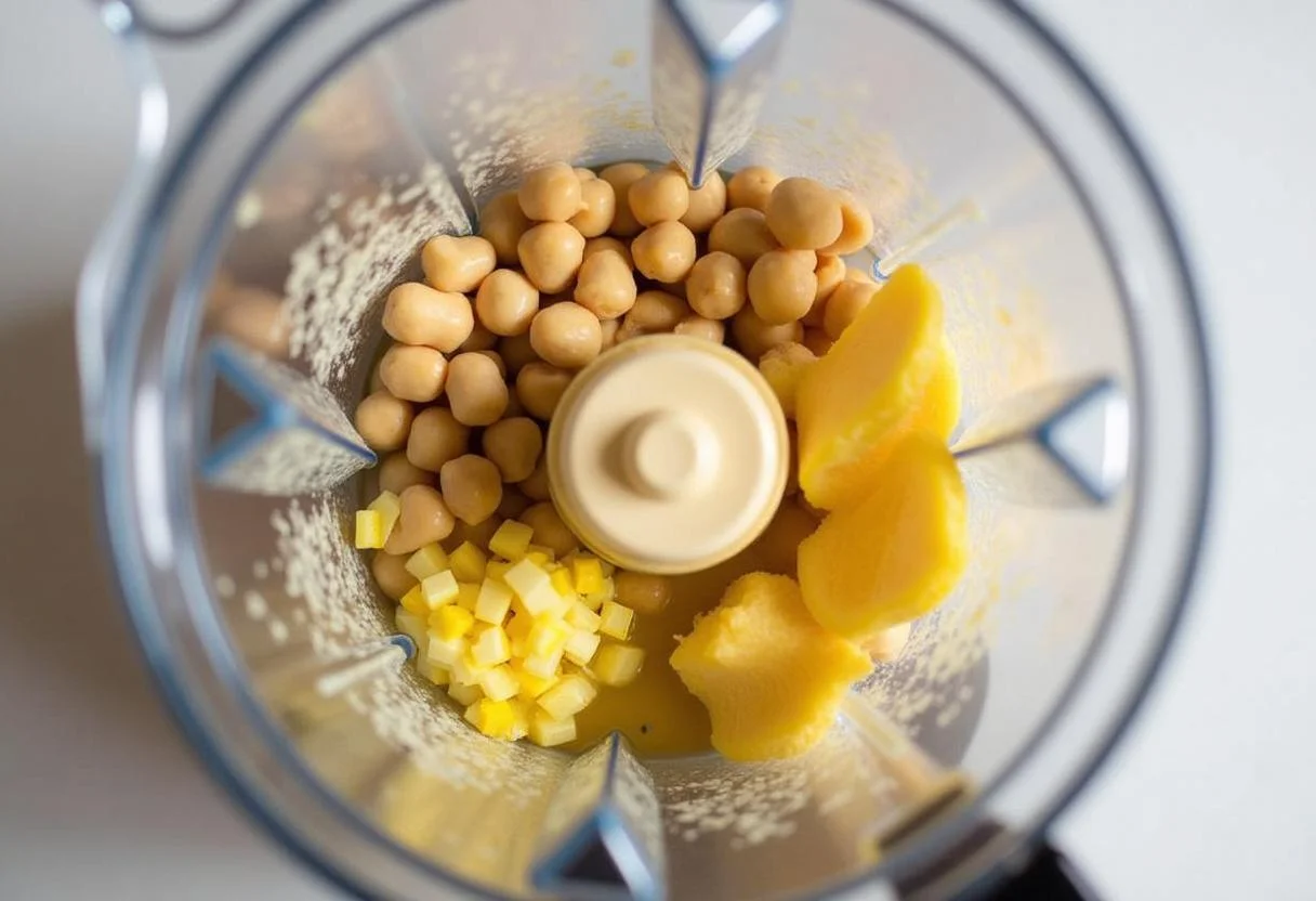 Blending chickpeas and tahini to create a smooth Dragon Ball Hercule's Heroic Hummus mixture in a blender.