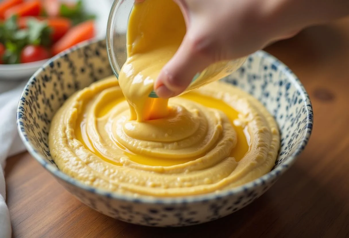 Transferring homemade Dragon Ball Hercule's Heroic Hummus to a bowl, highlighting its creamy and vibrant appearance.
