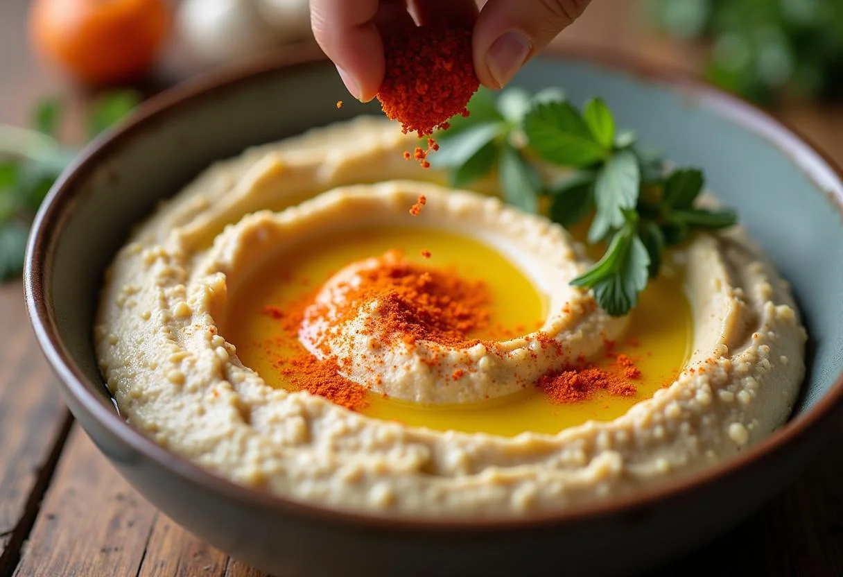Garnishing Dragon Ball Hercule's Heroic Hummus with paprika and olive oil in a beautifully decorated bowl.