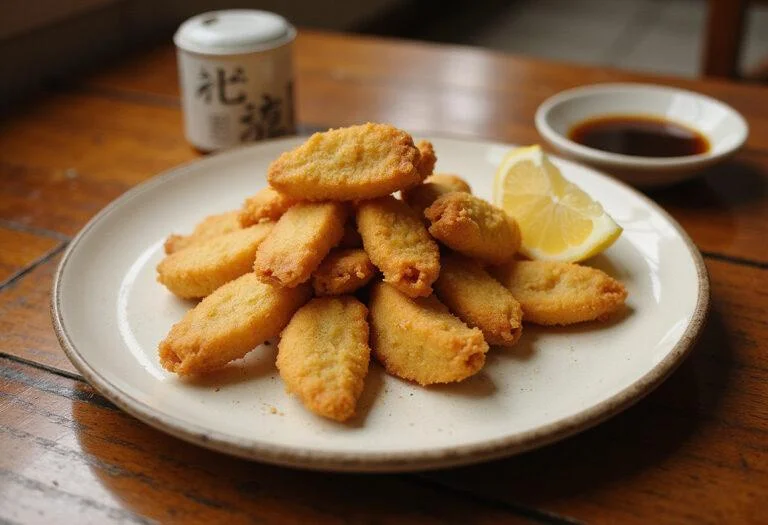 Final presentation of Dragon Ball Master Roshi's Turtle School Tempura, featuring crispy tempura with dipping sauce, looking appetizing on a rustic wooden table.