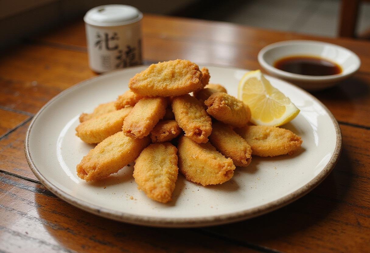 Final presentation of Dragon Ball Master Roshi's Turtle School Tempura, featuring crispy tempura with dipping sauce, looking appetizing on a rustic wooden table.