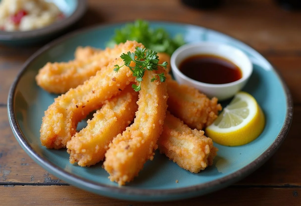 Final presentation of Dragon Ball Master Roshi's Turtle School Tempura, featuring crispy tempura with dipping sauce, looking appetizing on a rustic wooden table.