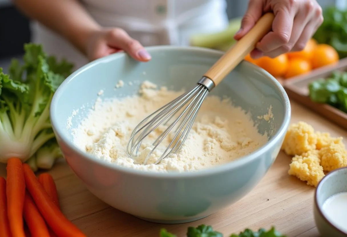 Dragon Ball Master Roshi's Turtle School Tempura batter preparation with fresh vegetables, showcasing a bowl of flour and water mix, vibrant kitchen ambiance.