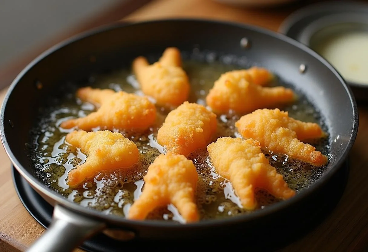 Crispy tempura pieces frying in hot oil, depicting Dragon Ball Master Roshi's Turtle School Tempura preparation process, focusing on the delicious frying action.