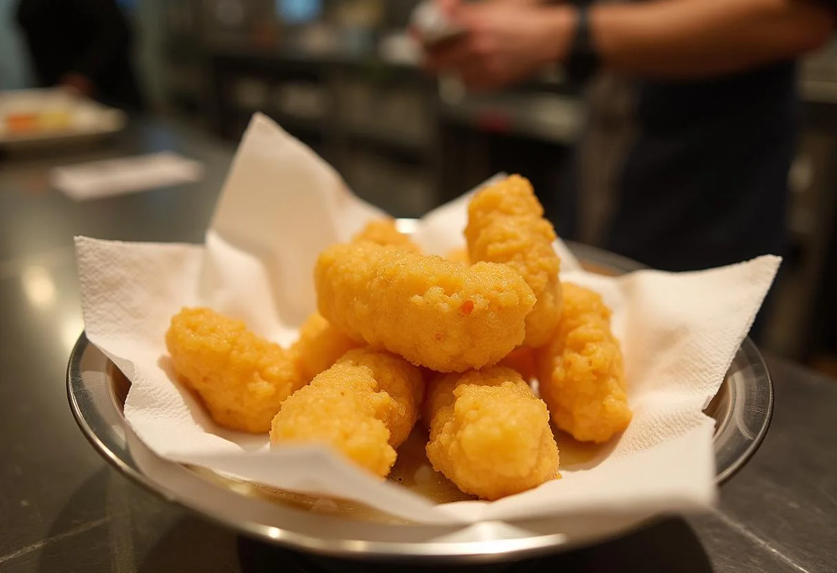 Freshly fried Dragon Ball Master Roshi's Turtle School Tempura on a platter draining excess oil, capturing the essence of homemade Japanese cuisine.