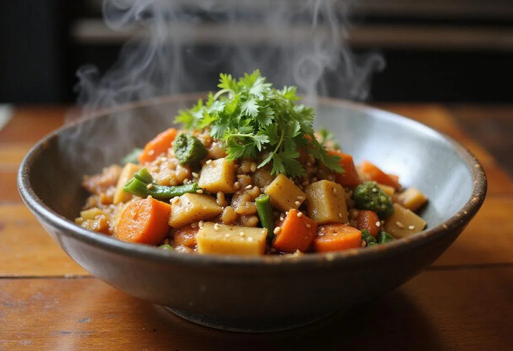 Final presentation of Dragon Ball Vegeta's Prince of All Veggies Stir-fry, a colorful dish served in a bowl with sesame garnish, showcasing appetizing stir-fried vegetables.