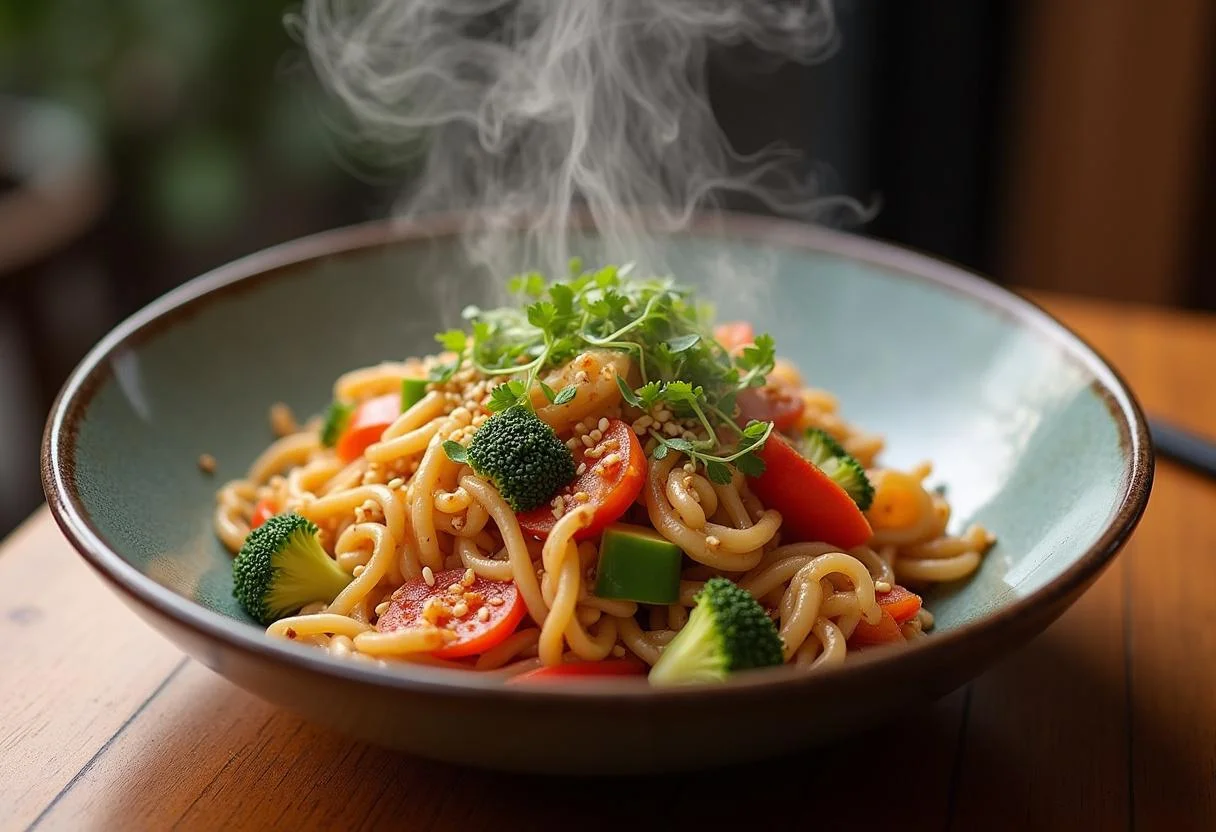 Final presentation of Dragon Ball Vegeta's Prince of All Veggies Stir-fry, a colorful dish served in a bowl with sesame garnish, showcasing appetizing stir-fried vegetables.