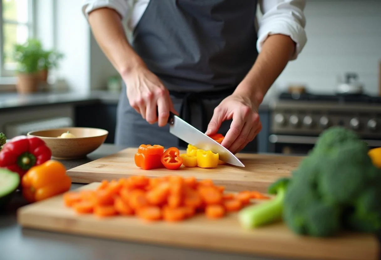 Slicing fresh vegetables for Dragon Ball Vegeta's Prince of All Veggies Stir-fry, vibrant bell peppers, carrots, and broccoli on a wooden board.