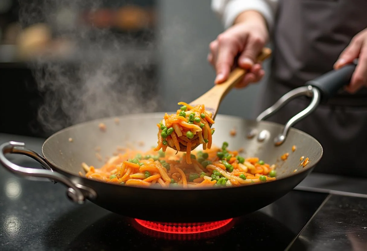 Stir-frying fresh vegetables for Dragon Ball Vegeta's Prince of All Veggies Stir-fry, showcasing the vibrant colors and steaming action in a professional kitchen.