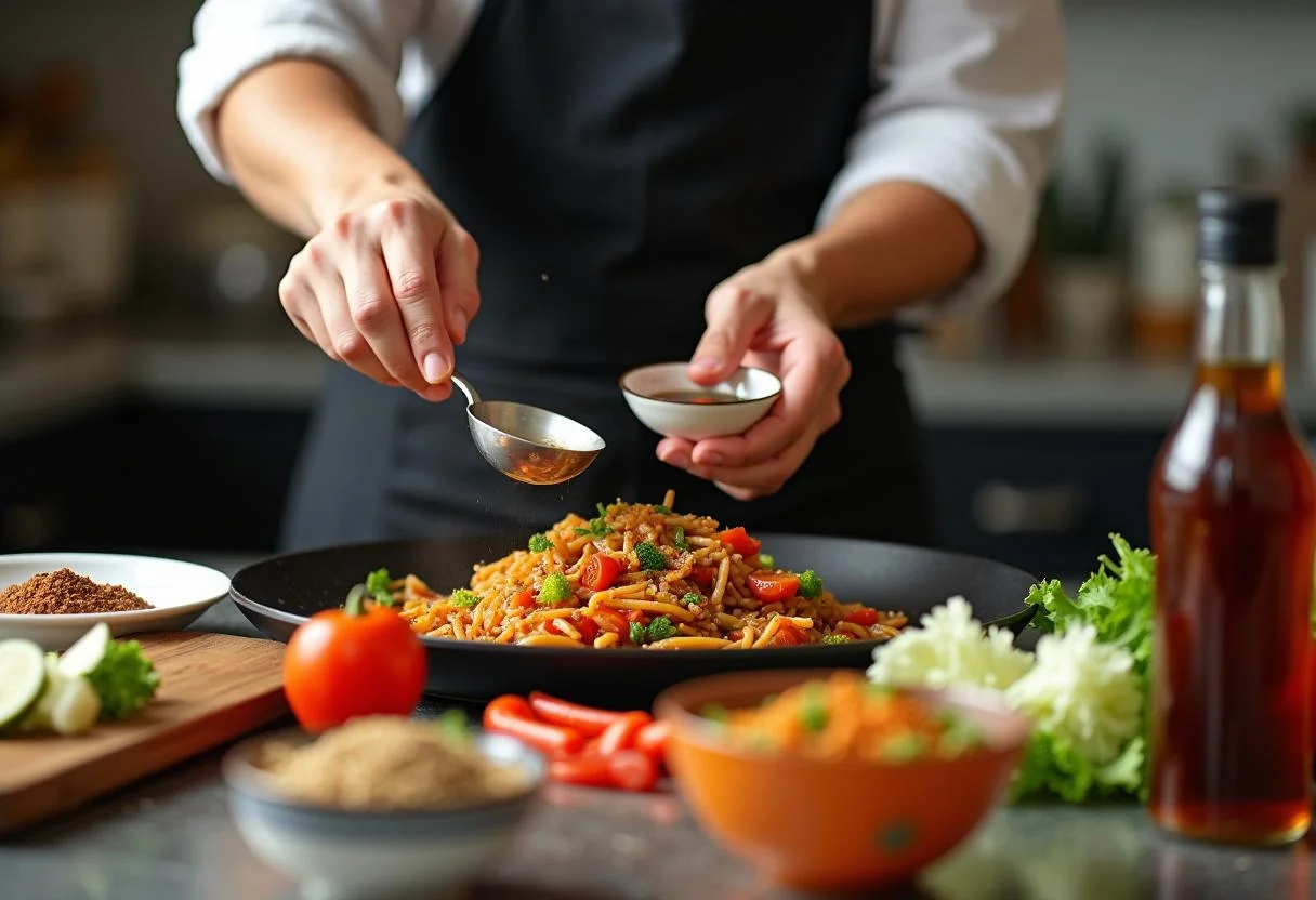 Preparing seasoning and sauces for Dragon Ball Vegeta's Prince of All Veggies Stir-fry, highlighting soy sauce and spices in a well-organized kitchen.