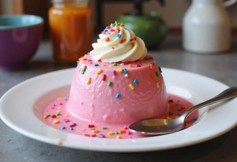 Final presentation of Dragon Ball Z Majin Buu's Pink Power Pudding with sprinkles, perfect for fans and dessert lovers, showcased in a vibrant kitchen.