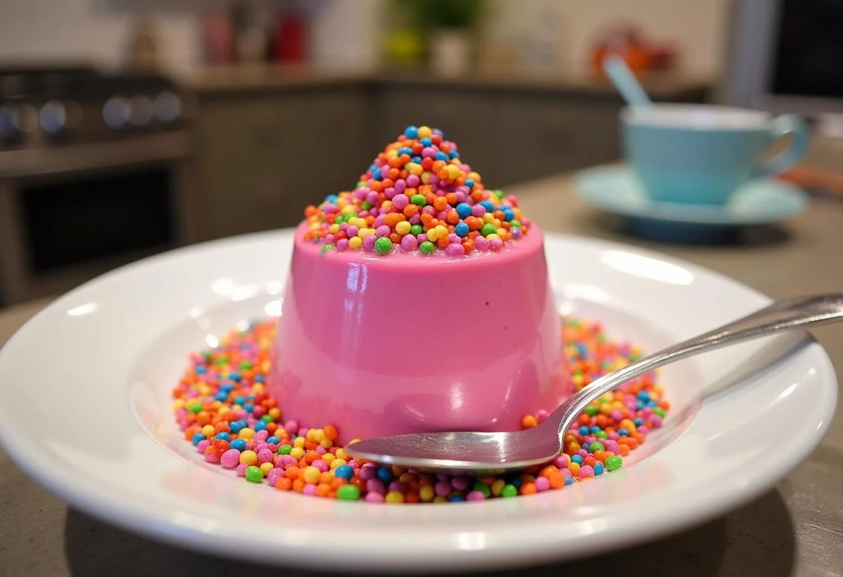 Final presentation of Dragon Ball Z Majin Buu's Pink Power Pudding with sprinkles, perfect for fans and dessert lovers, showcased in a vibrant kitchen.