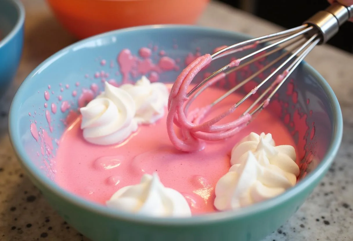 Vibrant pink ingredients for Dragon Ball Z Majin Buu's Pink Power Pudding in a mixing bowl, showcasing a fun and creative kitchen scene.