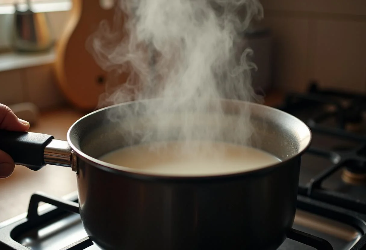 Heating milk for Dragon Ball Z Majin Buu's Pink Power Pudding in a saucepan, illustrating a warm and inviting cooking space.