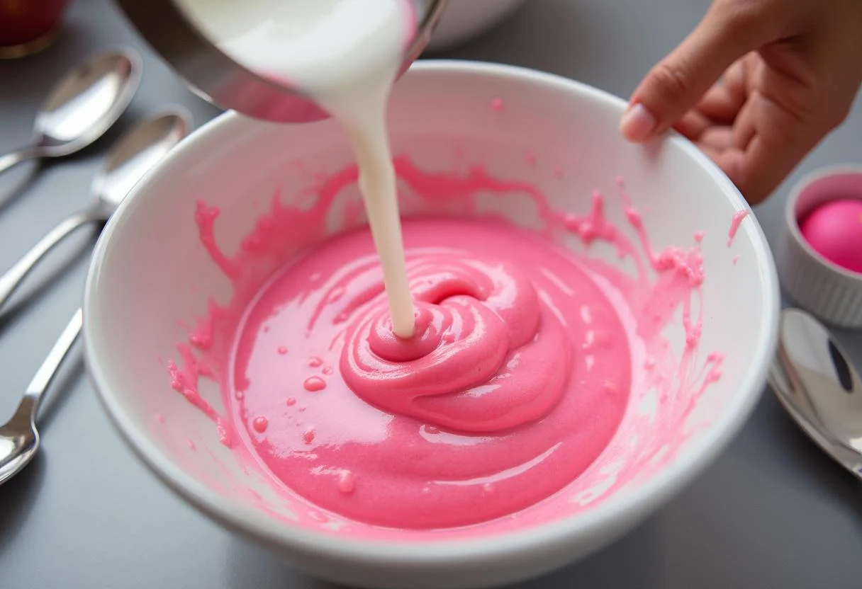 Combining all ingredients for Dragon Ball Z Majin Buu's Pink Power Pudding in a mixing bowl, displaying a rich and creamy texture.