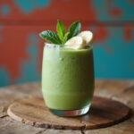 The final presentation of a Dragon Ball Z Senzu Bean Smoothie, vibrant and refreshing, perfect for fans looking for a healthy, energizing drink.
