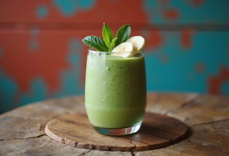 The final presentation of a Dragon Ball Z Senzu Bean Smoothie, vibrant and refreshing, perfect for fans looking for a healthy, energizing drink.