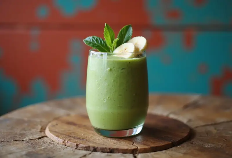 The final presentation of a Dragon Ball Z Senzu Bean Smoothie, vibrant and refreshing, perfect for fans looking for a healthy, energizing drink.