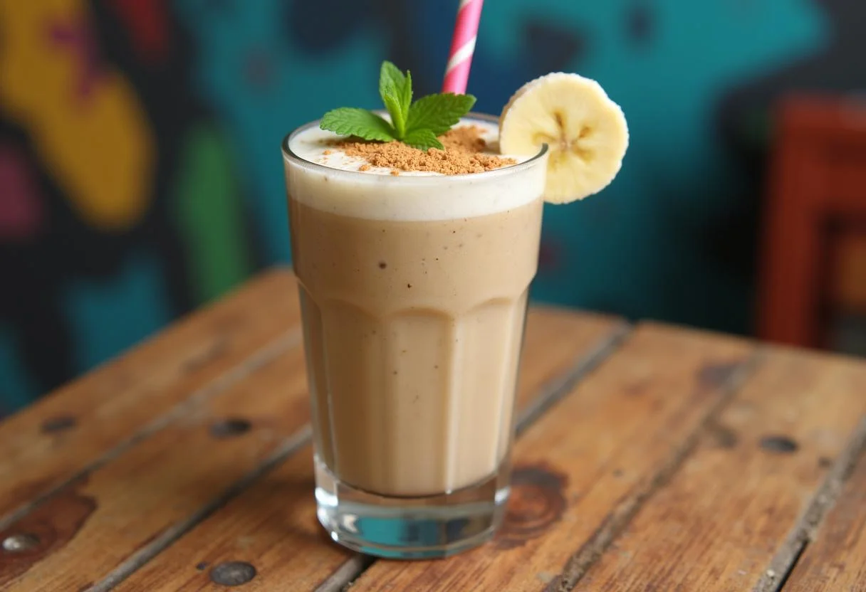 The final presentation of a Dragon Ball Z Senzu Bean Smoothie, vibrant and refreshing, perfect for fans looking for a healthy, energizing drink.