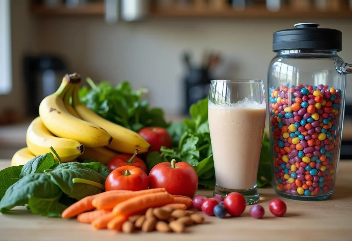 A colorful display of ingredients for the Dragon Ball Z Senzu Bean Smoothie, featuring fresh fruits and Senzu beans, ideal for a healthy blend.