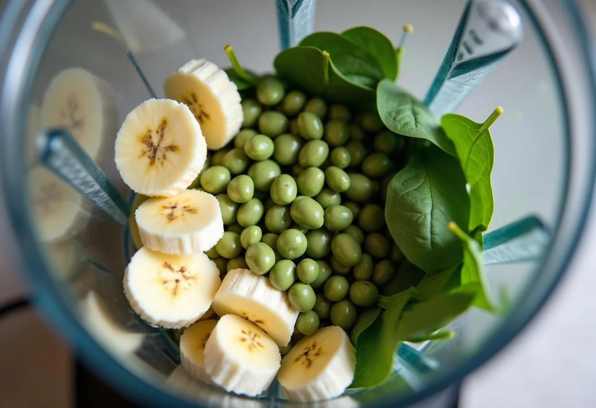 Close-up of a blender filled with fresh ingredients for the Dragon Ball Z Senzu Bean Smoothie, emphasizing the vibrant greens and colors.