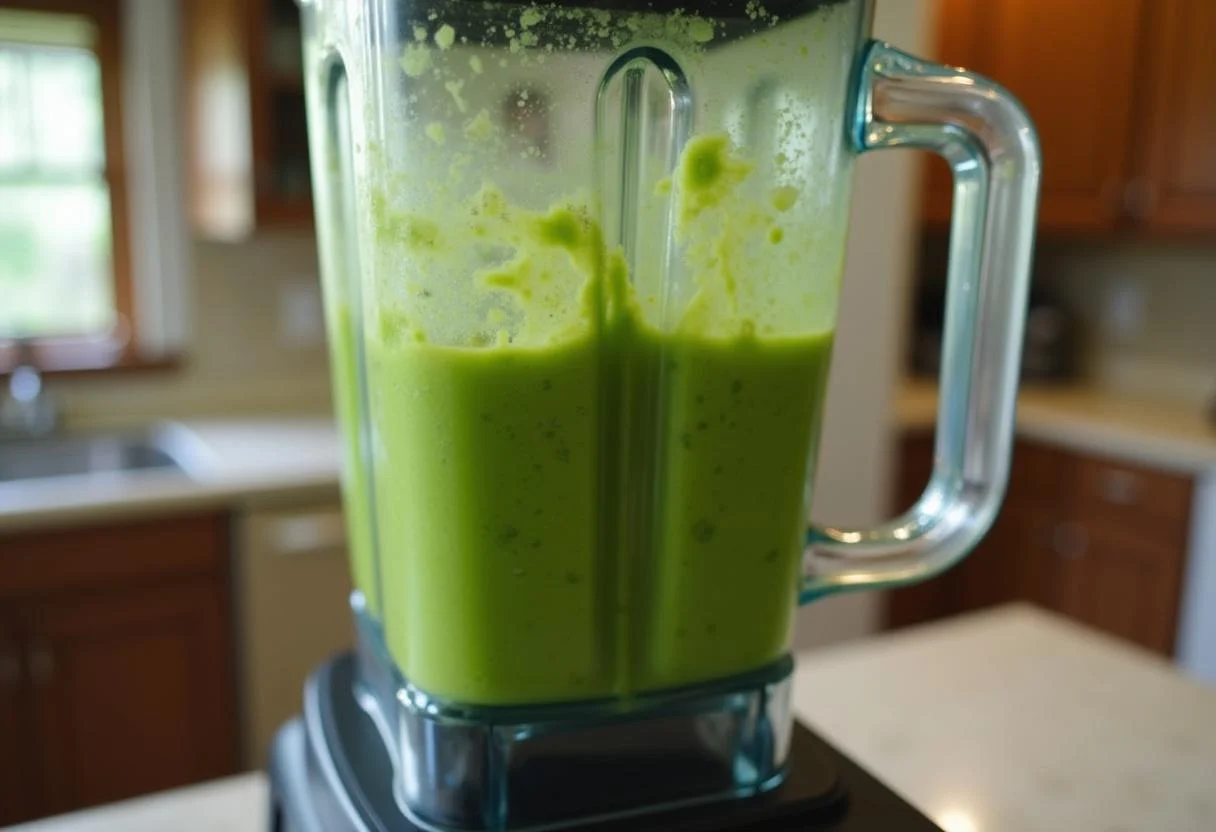 A smoothie blending in action, showcasing the vibrant greens and fruit mixes for a Dragon Ball Z Senzu Bean Smoothie, emphasizing health and vitality.