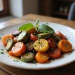 A stunning presentation of Dune Timothée Chalamet's Spice-Roasted Vegetables on a rustic table, garnished and ready to enjoy.