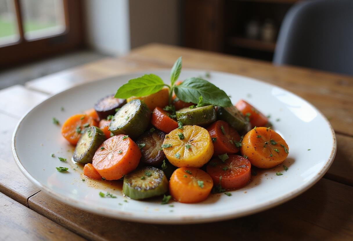 A stunning presentation of Dune Timothée Chalamet's Spice-Roasted Vegetables on a rustic table, garnished and ready to enjoy.