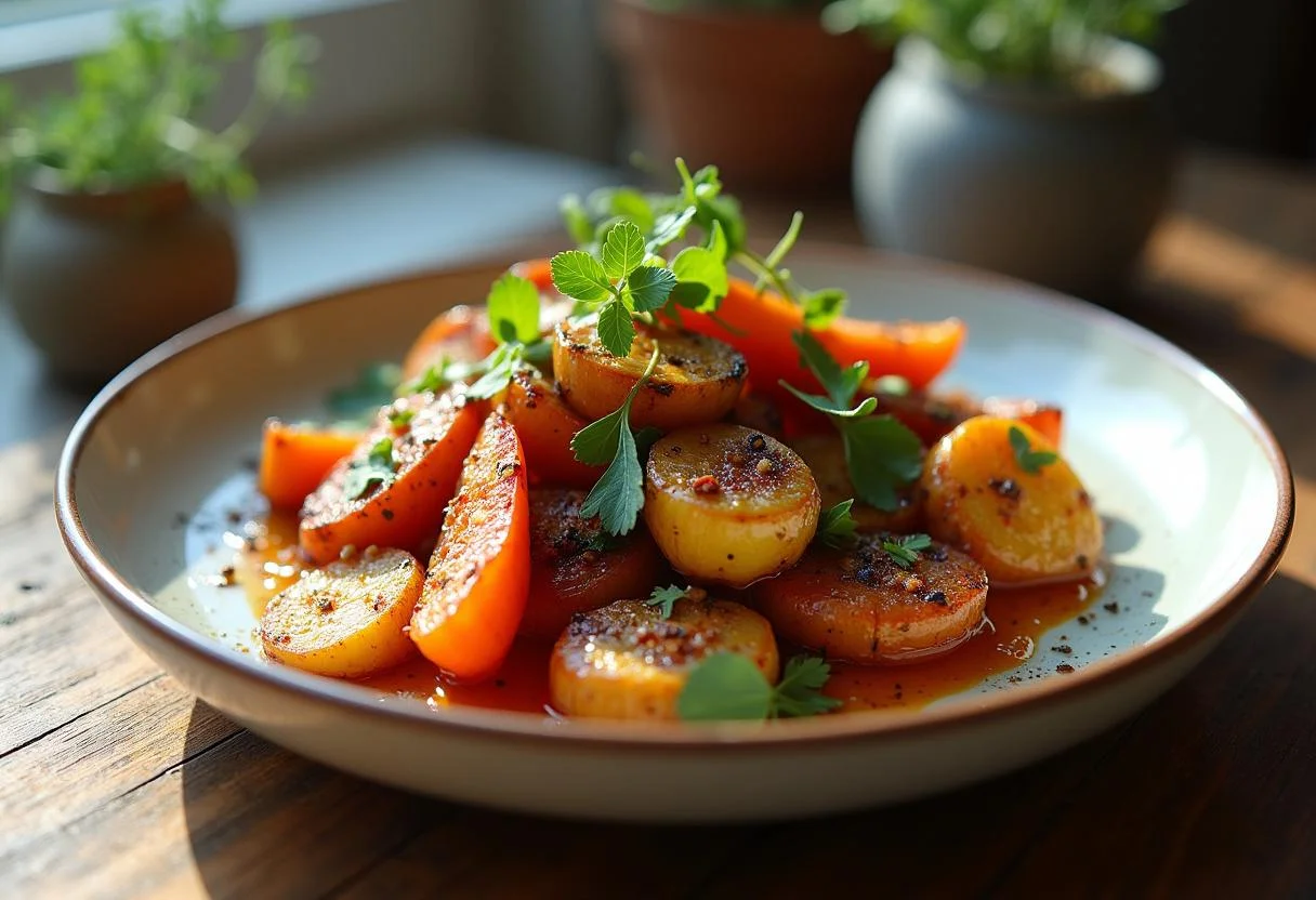 A stunning presentation of Dune Timothée Chalamet's Spice-Roasted Vegetables on a rustic table, garnished and ready to enjoy.