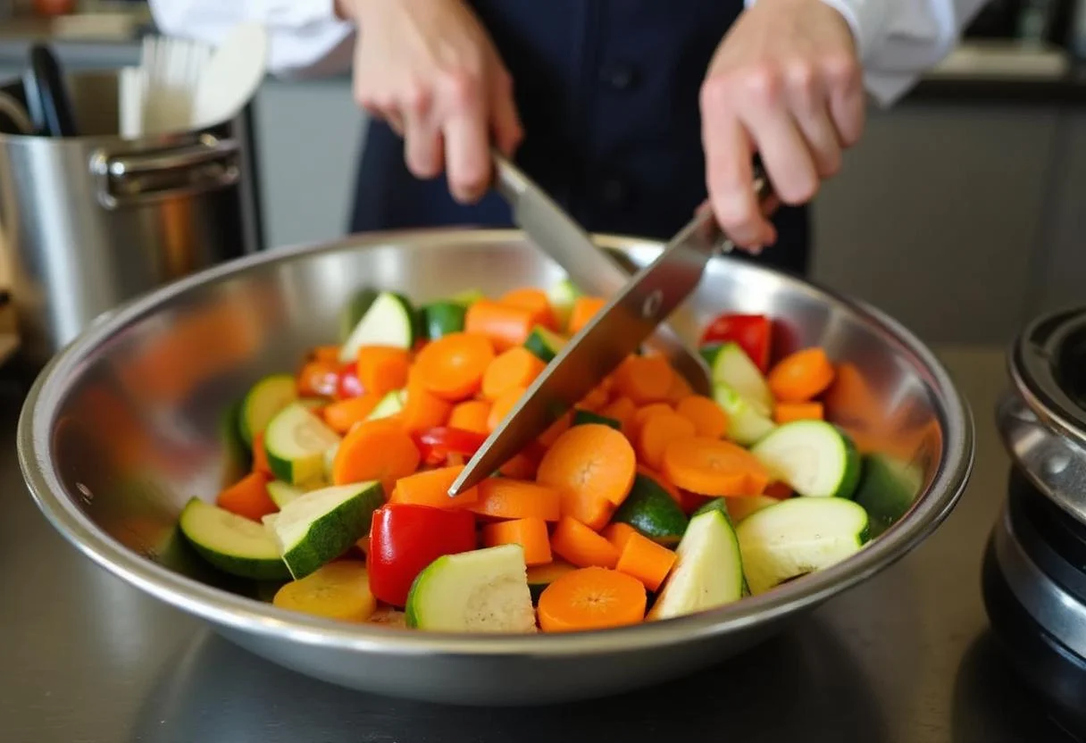 Dune Timothée Chalamet's Spice-Roasted Vegetables preparation with colorful vegetables being chopped and mixed in a bowl.