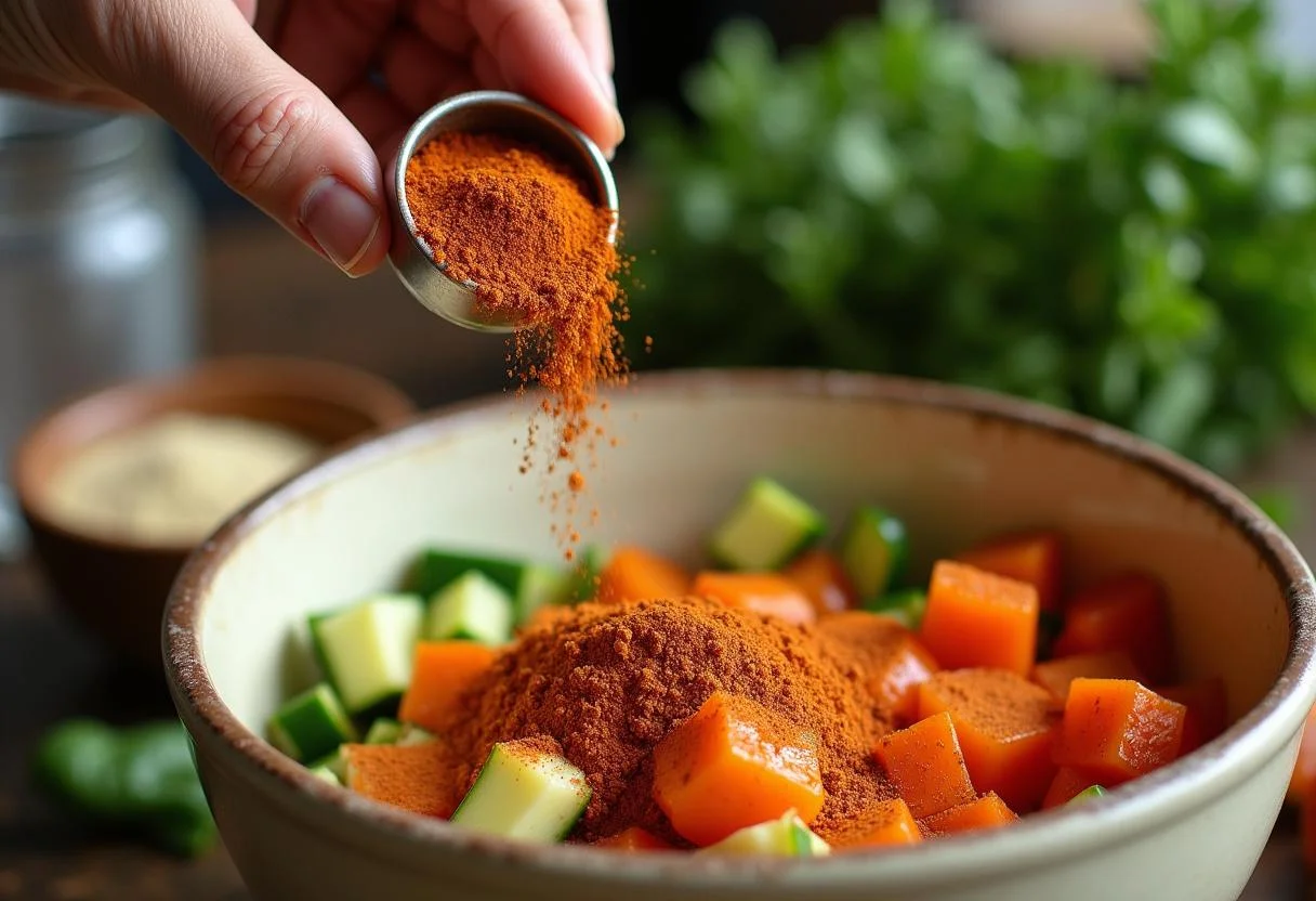 Seasoning Dune Timothée Chalamet's Spice-Roasted Vegetables with aromatic spices in a bright kitchen setup.